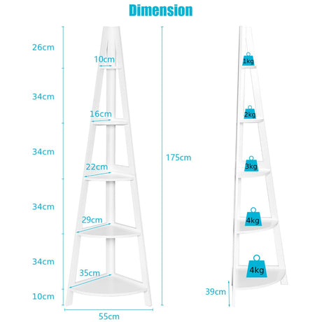 5-Tier Modern Corner Bookcase Shelf with Strong Wooden Frame-White