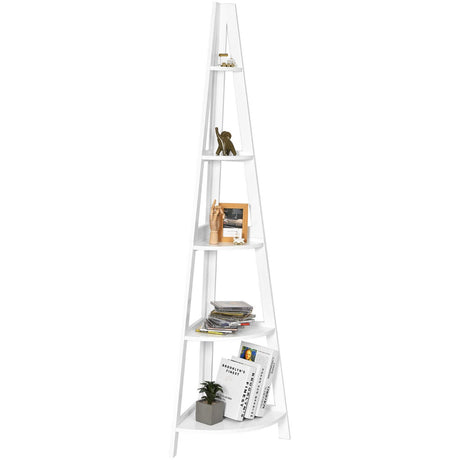 5-Tier Modern Corner Bookcase Shelf with Strong Wooden Frame-White