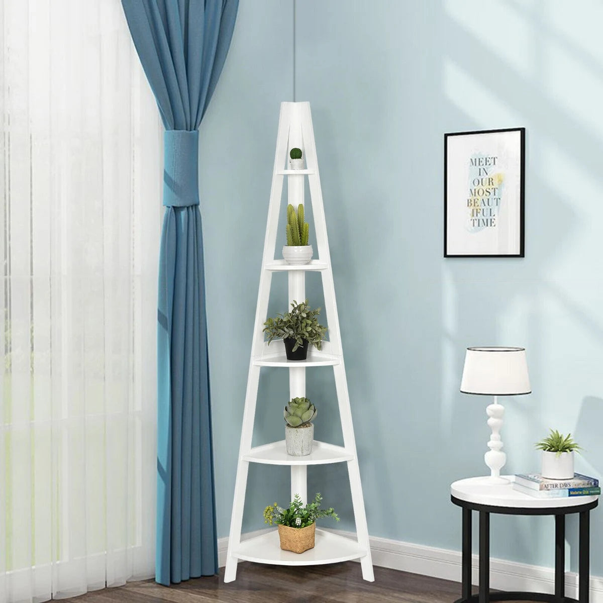 5-Tier Modern Corner Bookcase Shelf with Strong Wooden Frame-White