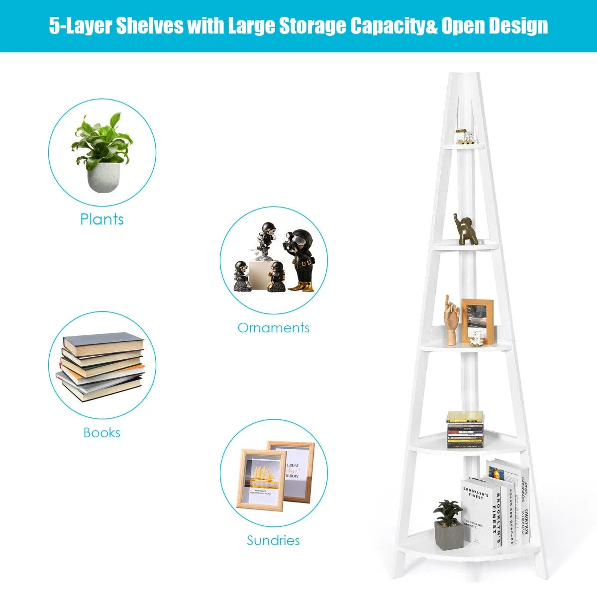 5-Tier Modern Corner Bookcase Shelf with Strong Wooden Frame-White