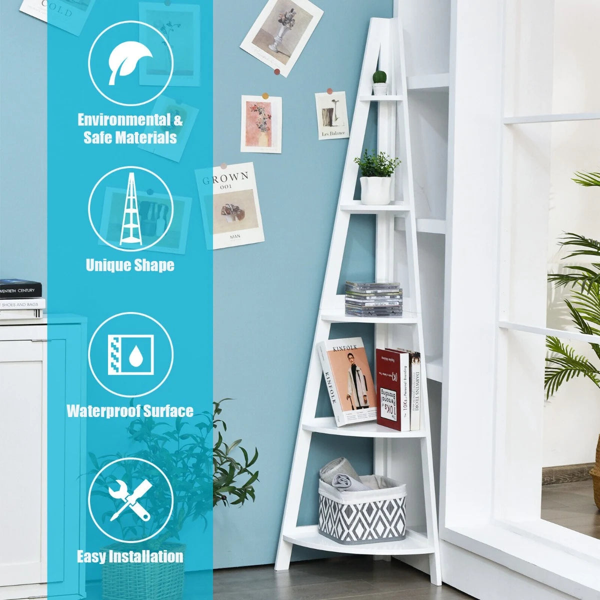 5-Tier Modern Corner Bookcase Shelf with Strong Wooden Frame-White