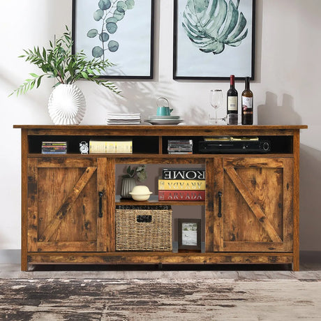 60Industrial TV Stand Entertainment Center with Shelve and Cabinet-Brown