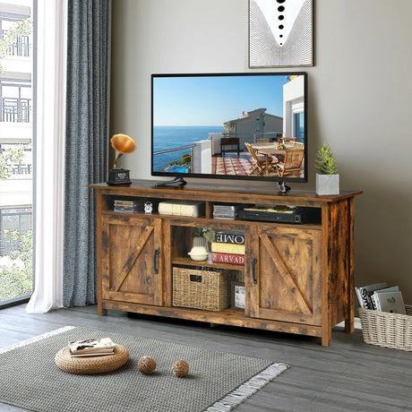 60Industrial TV Stand Entertainment Center with Shelve and Cabinet-Brown