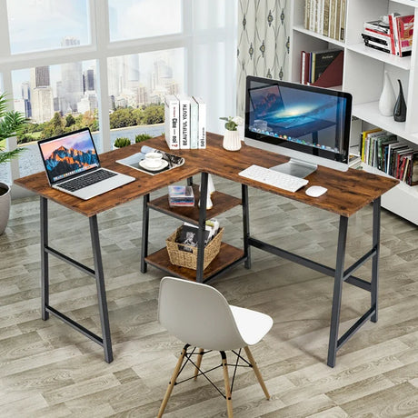 L Shaped Corner Computer Desk with Storage Shelves-Brown