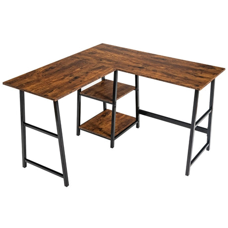 L Shaped Corner Computer Desk with Storage Shelves-Brown