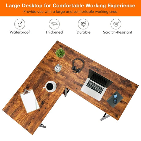 L Shaped Corner Computer Desk with Storage Shelves-Brown