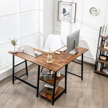 L Shaped Corner Computer Desk with Storage Shelves-Brown