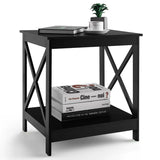 2-Tier Side Table with X-shape Design and 4 Solid Legs-Black