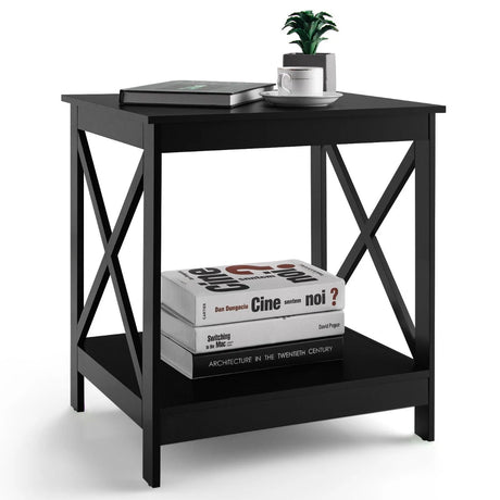 2-Tier Side Table with X-shape Design and 4 Solid Legs-Black