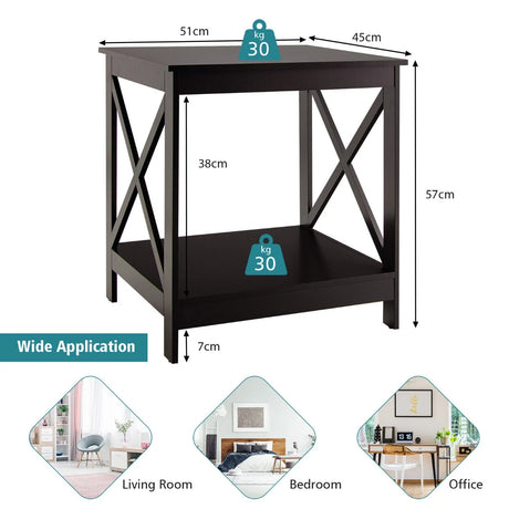 2-Tier Side Table with X-shape Design and 4 Solid Legs-Dark Brown