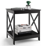 2-Tier Side Table with X-shape Design and 4 Solid Legs-Dark Brown