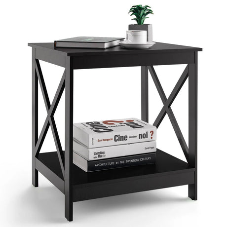 2-Tier Side Table with X-shape Design and 4 Solid Legs-Dark Brown