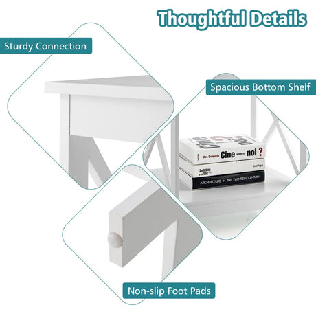 2-Tier Side Table with X-shape Design and 4 Solid Legs-White
