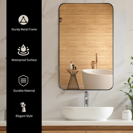 Bathroom Wall Mirror with Rounded Corner for Washroom-Black