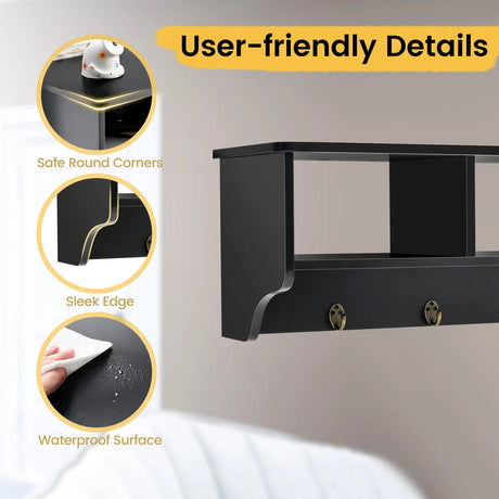 Wall Mount Cubby Organizer Hooks Entryway Storage Shelf-Black