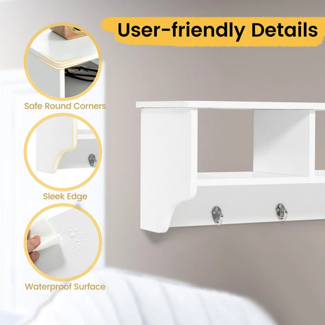 Wall Mount Cubby Organizer Hooks Entryway Storage Shelf-White