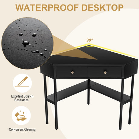 Space Saving Corner Computer Desk with 2 Large Drawers and Storage Shelf-Black