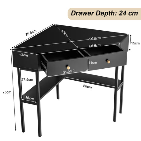 Space Saving Corner Computer Desk with 2 Large Drawers and Storage Shelf-Black