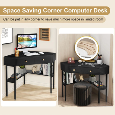 Space Saving Corner Computer Desk with 2 Large Drawers and Storage Shelf-Black