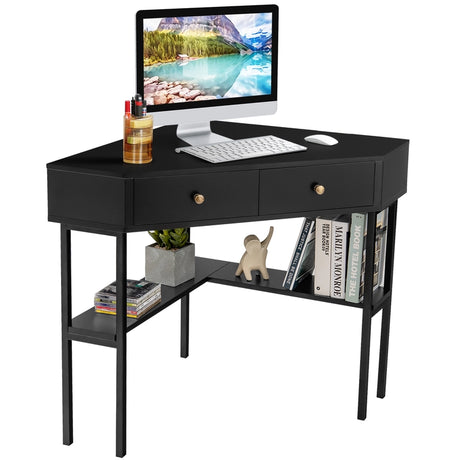 Space Saving Corner Computer Desk with 2 Large Drawers and Storage Shelf-Black
