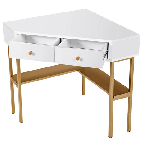 Corner Computer Desk with 2 Large Drawers & Storage Shelf for Office