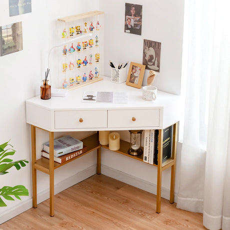 Corner Computer Desk with 2 Large Drawers & Storage Shelf for Office