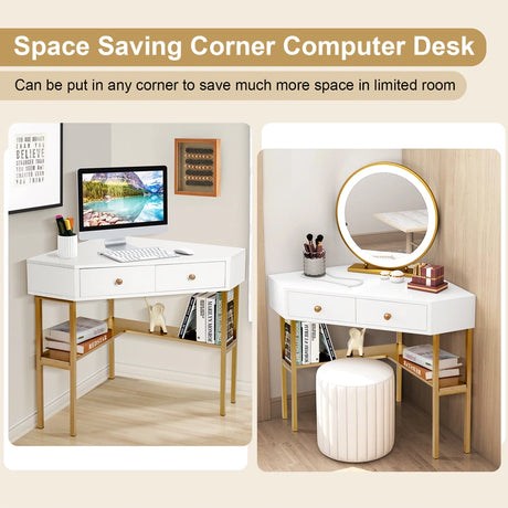 Corner Computer Desk with 2 Large Drawers & Storage Shelf for Office
