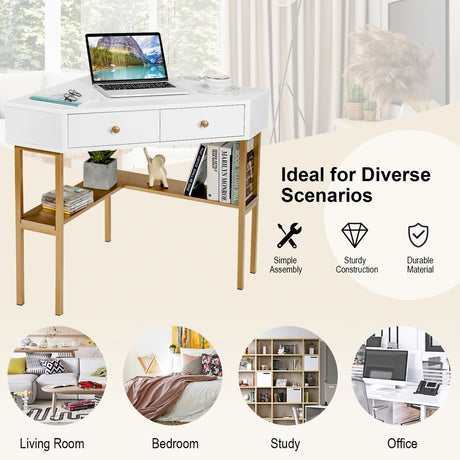 Corner Computer Desk with 2 Large Drawers & Storage Shelf for Office
