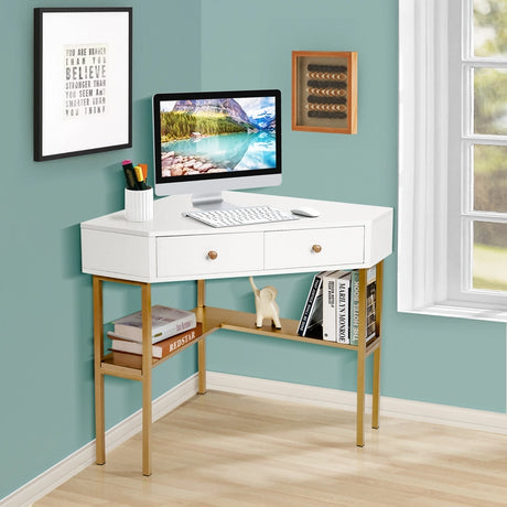 Corner Computer Desk with 2 Large Drawers & Storage Shelf for Office