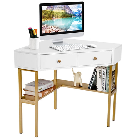 Corner Computer Desk with 2 Large Drawers & Storage Shelf for Office