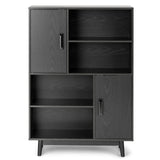 4-Tier Wooden Bookcase with 2 Doors &amp; 4 Open Shelf-Black