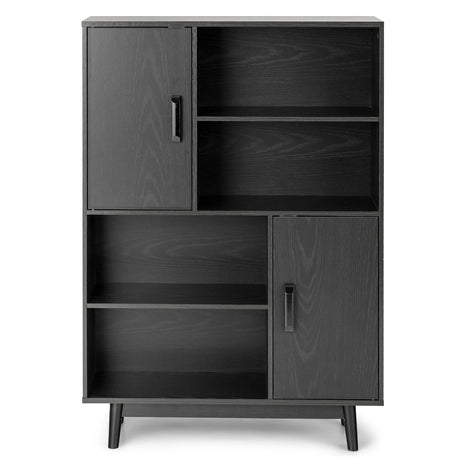 4-Tier Wooden Bookcase with 2 Doors &amp; 4 Open Shelf-Black