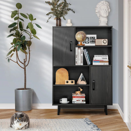4-Tier Wooden Bookcase with 2 Doors &amp; 4 Open Shelf-Black