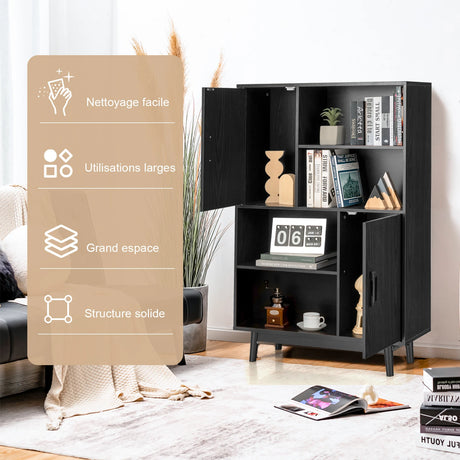 4-Tier Wooden Bookcase with 2 Doors &amp; 4 Open Shelf-Black