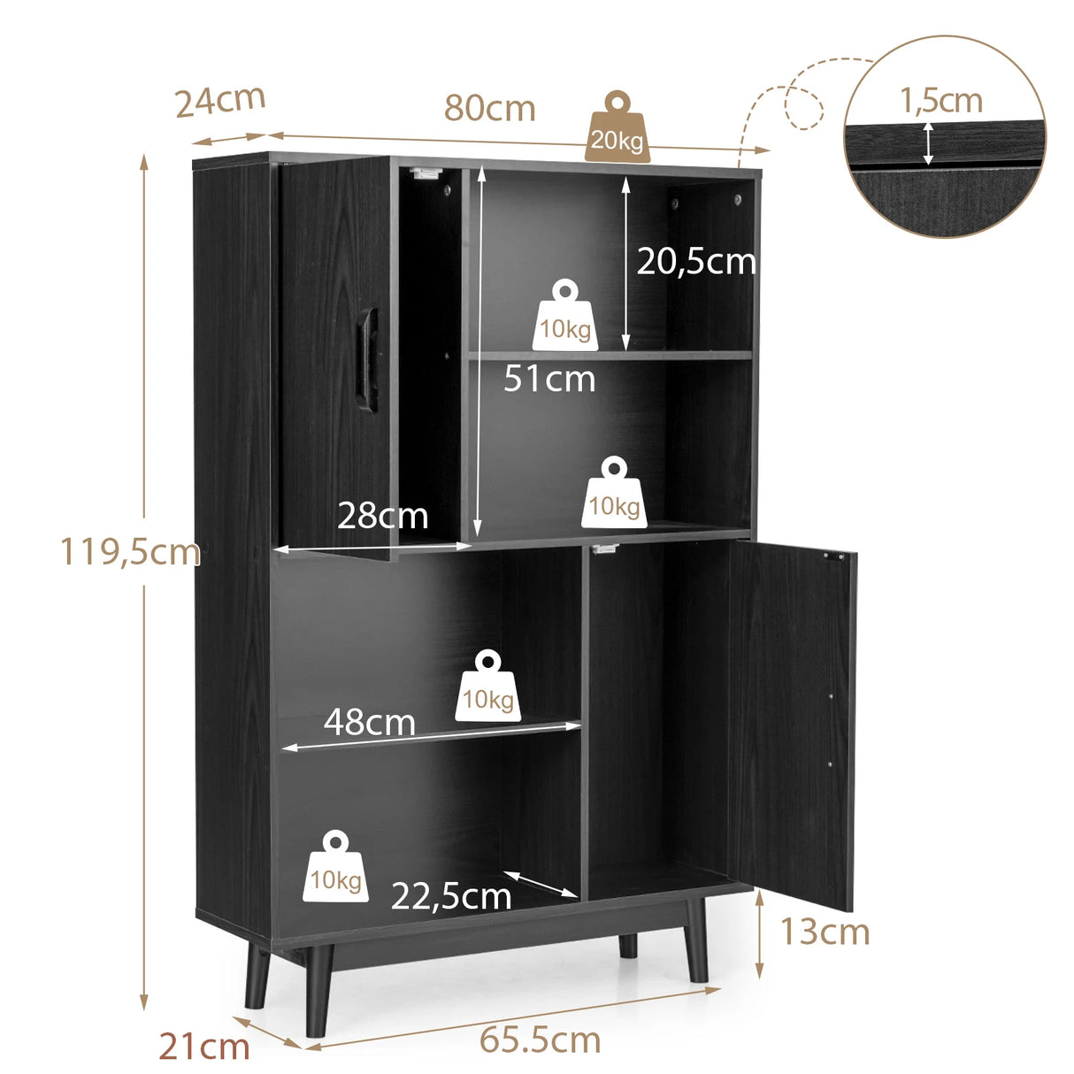4-Tier Wooden Bookcase with 2 Doors &amp; 4 Open Shelf-Black