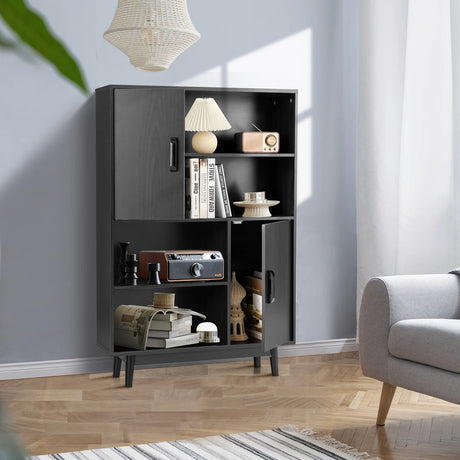 4-Tier Wooden Bookcase with 2 Doors &amp; 4 Open Shelf-Black