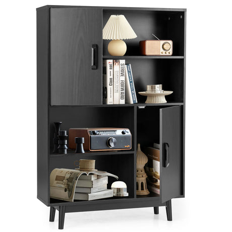 4-Tier Wooden Bookcase with 2 Doors &amp; 4 Open Shelf-Black
