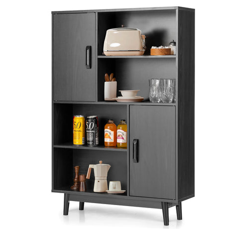 4-Tier Wooden Bookcase with 2 Doors &amp; 4 Open Shelf-Black