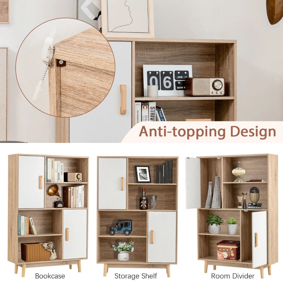 Freestanding Wooden Sideboard Storage Cabinet with 2 Doors and 4 Shelves-White