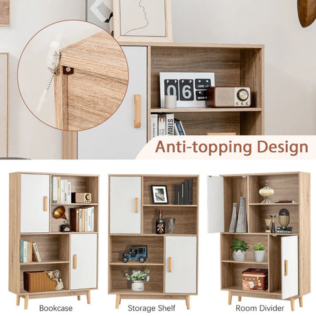 Freestanding Wooden Sideboard Storage Cabinet with 2 Doors and 4 Shelves-White