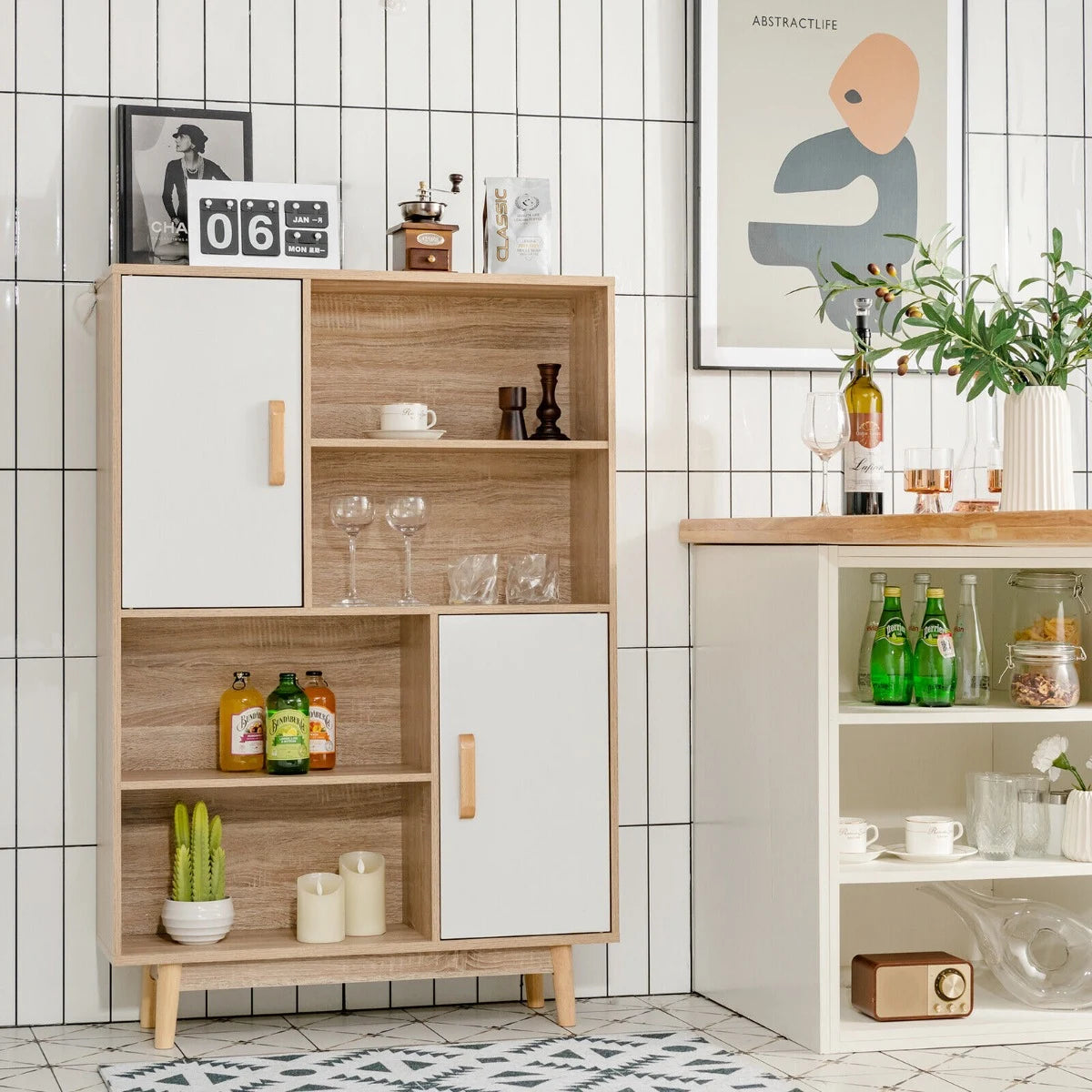 Freestanding Wooden Sideboard Storage Cabinet with 2 Doors and 4 Shelves-White