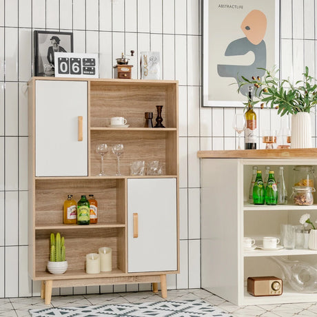 Freestanding Wooden Sideboard Storage Cabinet with 2 Doors and 4 Shelves-White