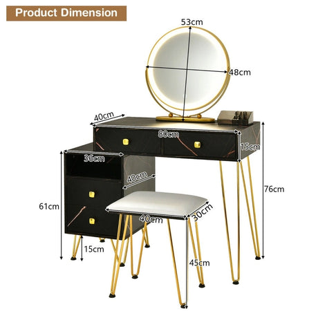3 Modes Vanity Dressing Table with 3 Color Detachable LED Mirror-Black