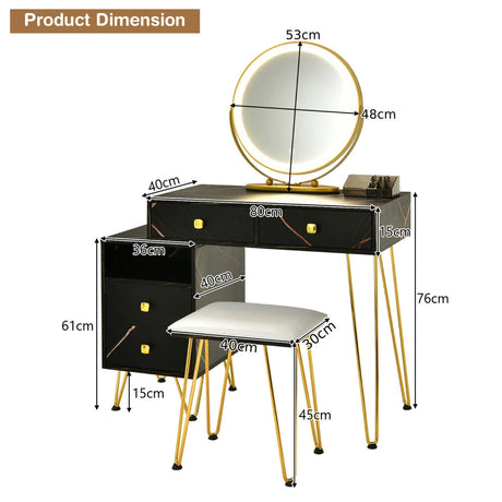 3 Modes Vanity Dressing Table with 3 Color Detachable LED Mirror-Black