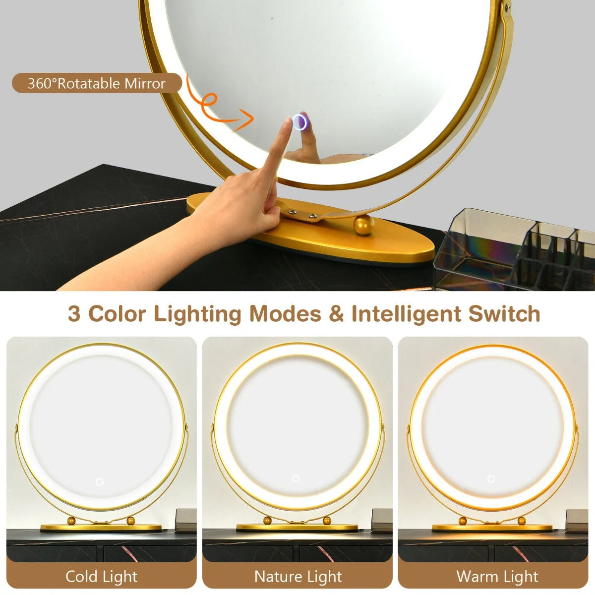 3 Modes Vanity Dressing Table with 3 Color Detachable LED Mirror-Black