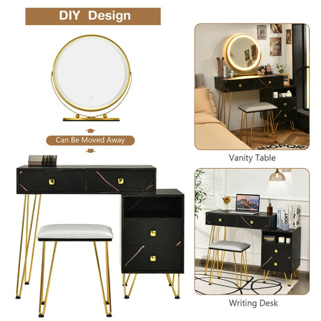 3 Modes Vanity Dressing Table with 3 Color Detachable LED Mirror-Black