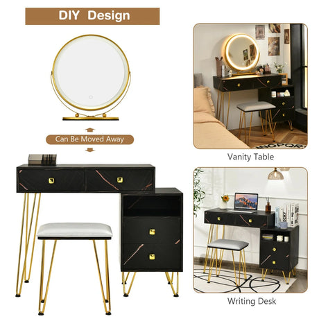 3 Modes Vanity Dressing Table with 3 Color Detachable LED Mirror-Black