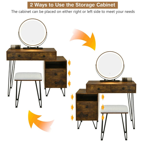 3 Modes Vanity Dressing Table with 3 Color Detachable LED Mirror-Brown