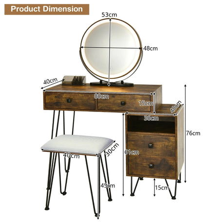 3 Modes Vanity Dressing Table with 3 Color Detachable LED Mirror-Brown