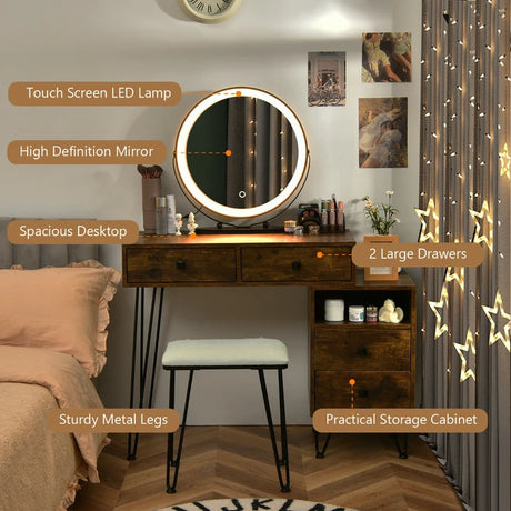 3 Modes Vanity Dressing Table with 3 Color Detachable LED Mirror-Brown